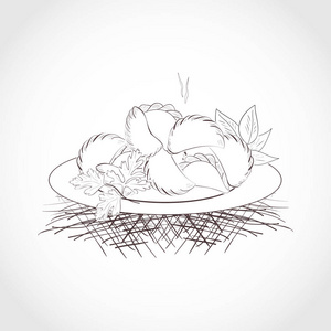 盘子里的饺子.绿化.普通图案.黑色和白色.素描照片