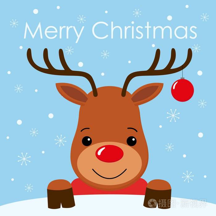 可爱卡通鹿脸角快乐圣诞背景卡平面设计矢量插图