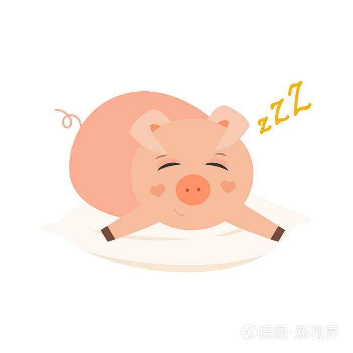 猪在枕头上睡觉做梦.可爱的幼稚矢量插图.
