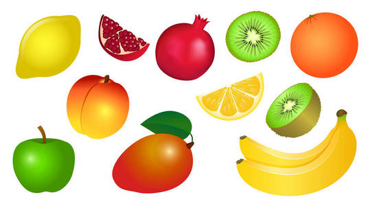 一套黄色红色橙色绿色水果的矢量插图。 由石榴香蕉柠檬苹果芒果桃猕猴桃组成，在白色背景下分离。
