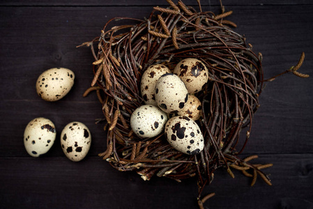 鹌鹑卵在巢上的乡村木制背景复制空间。 健康的食物概念。 俯视平躺。 复活节彩蛋。 快乐复活节概念