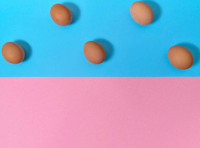 棕色鸡蛋在蓝色和粉红色的糊状背景复制空间。 鸡蛋在纸背景上有两种色调的颜色。 健康的食物概念。 复活节彩蛋。 平躺式顶部视图