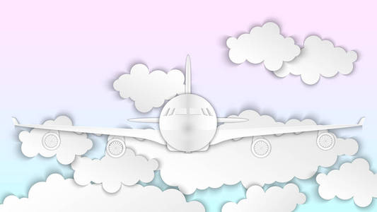 飞机对抗蓝天和云彩 航空背景 三维矢量插图 剪纸的风格.照片