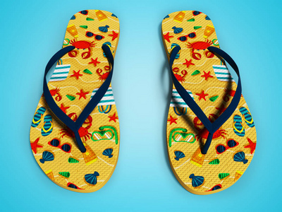 夏季沙滩拖鞋,带有海洋动物图案,可在蓝色背景下用阴影渲染照片