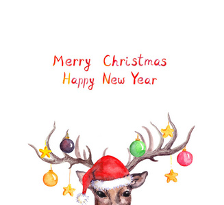 圣诞卡鹿动物头在红色节日帽子与装饰小球在角。水彩