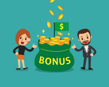 卡通商人和商人与大奖金袋设计.照片