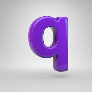 质子紫色字母Q小写。 3D渲染光泽字体隔离白色背景