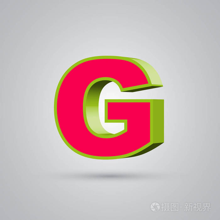 西瓜3D矢量字母g大写。 红色字体，有光泽的绿色边框，白色背景隔离的光反射。