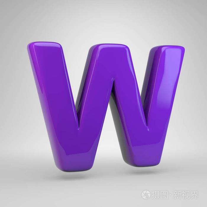 质子紫色字母w大写3d渲染光泽字体隔离白色背景