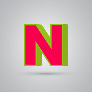 西瓜3D矢量字母n大写。 红色字体，有光泽的绿色边框，白色背景隔离的光反射。