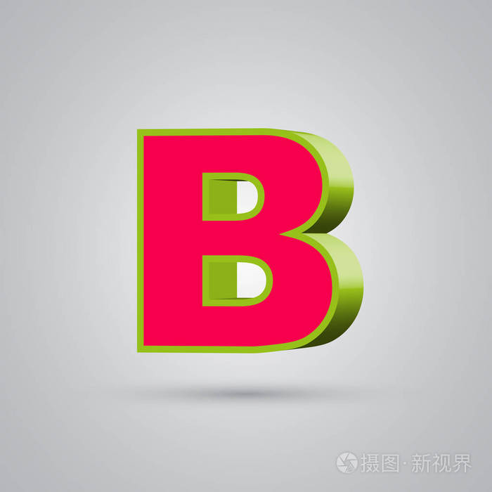 西瓜3D矢量字母b大写。 红色字体，有光泽的绿色边框，白色背景隔离的光反射。