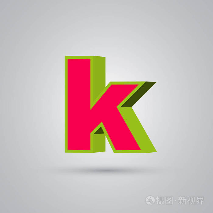 西瓜3D矢量字母k小写。 红色字体，有光泽的绿色边框，白色背景隔离的光反射。