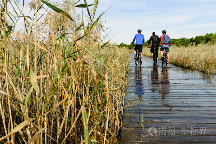 骑自行车的人在西班牙巴伦西亚的一个湖上穿过一座人行桥，在一个自然公园里。