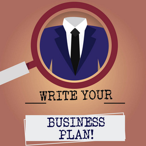 写笔记, 显示写你的商业计划。商业照片展示建立步骤, 以完成公司的目标放大玻璃放大燕尾服和标签标签下面