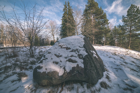 公园雪地上的粗糙岩石