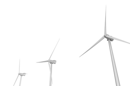 3台旋转视角不同的风力涡轮机，在白底环保电力工业插图3D插图上隔离