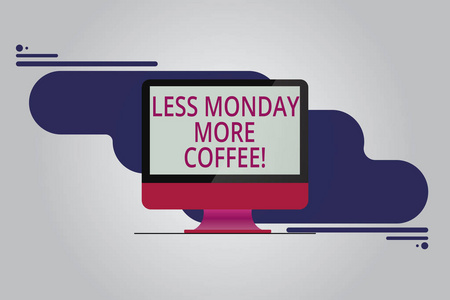 文本符号显示少星期一更多的咖啡。概念照片热饮料得到启发在一周开始安装计算机显示器空白反射屏幕上的抽象背景