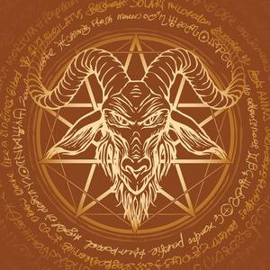 矢量横幅,插图的角山羊和五角星的头部刻在一个圆圈.