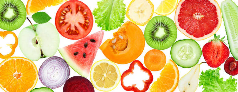 新鲜果蔬切片背景。健康食品。水果质地