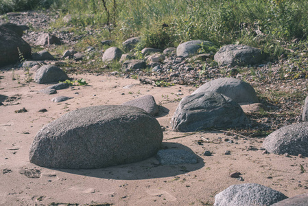 拉脱维亚乡村覆盖海滩的粗大岩石