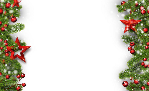 白色圣诞节和新年闪亮的海报与冷杉枝冬青浆果和红星。