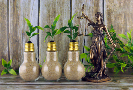 法律和正义的象征和灯泡内生长的植物。 绿色生态可再生能源概念。 禁止条例限制。