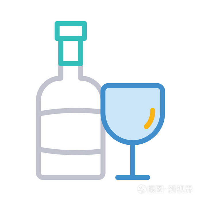 香槟瓶，酒杯平板式图标矢量插图
