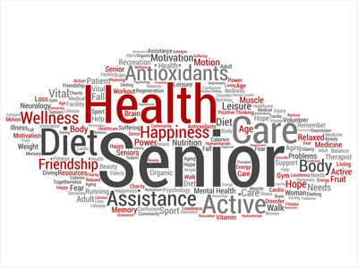 概念概念老年保健或老年人治疗抽象词云孤立背景。 医疗保健疾病医学援助拼贴有助于积极或快乐的文本