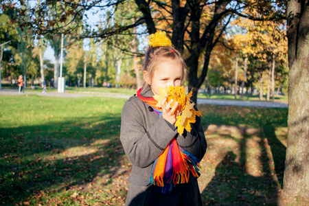 小女孩在秋天玩得很开心。 手握黄叶