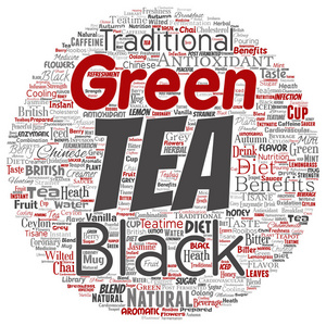 矢量概念绿或红茶饮料文化圆形红色自然风味口味品种词云孤立背景。 传统医学健康饮食效益理念设计