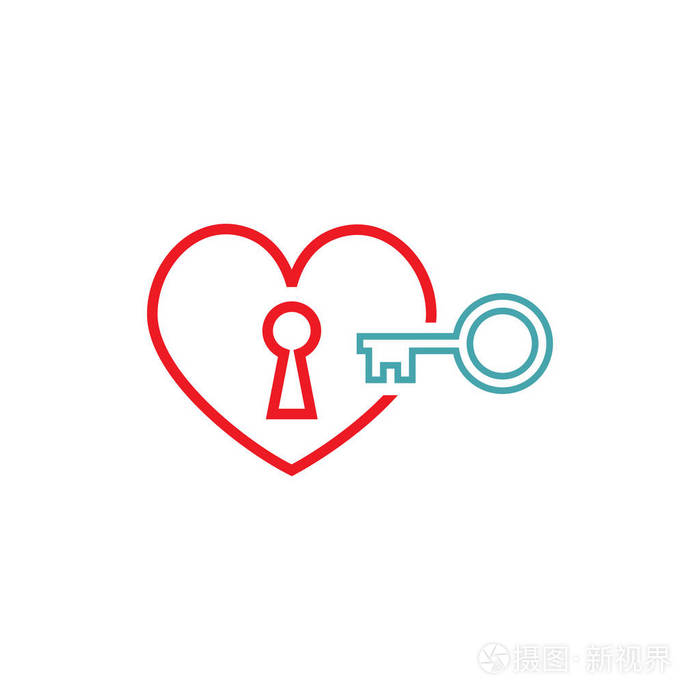 心有钥匙孔和钥匙一组矢量图标去尝试一把的钥匙平面设计