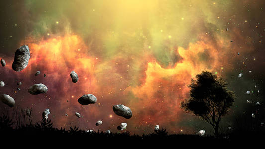 太空场景。 发射星云与陆地树轮廓和小行星。 由美国宇航局提供的元素。 3D渲染