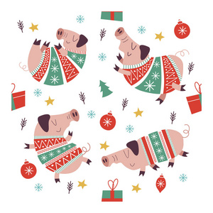 无缝图案与可爱的猪穿条纹毛衣. 猪是2019年的象征.