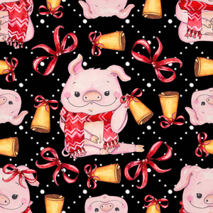 无缝圣诞图案与可爱的猪在围巾和铃铛。 非常适合您的项目weddinggreet纹理
