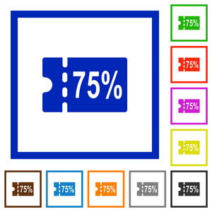 75折优惠券，白色背景的方形框架中的平面颜色图标