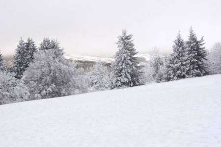 德国巴伐利亚一个冬天，山上覆盖着白雪