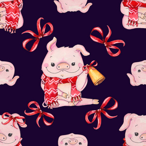 无缝圣诞图案与可爱的猪在围巾和铃铛。 非常适合您的项目weddinggreet纹理