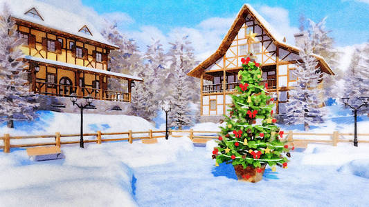 装饰水彩冬季景观与装饰圣诞树的广场，舒适的雪行高山乡与半蒂木房子。 数字艺术绘画从我自己的三维渲染文件。