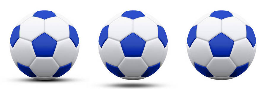 蓝色和白色的足球在三个版本, 有和没有阴影。在白色上隔离。3d 渲染