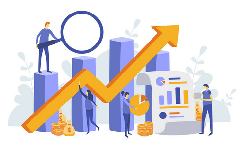 拥有不断增长的图表和金钱的迷你人照片