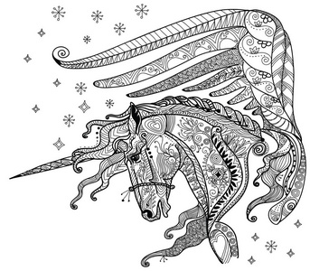 涂鸦独角兽插图. 着色幻想独角兽与禅宗元素.照片