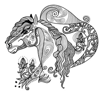 涂鸦马插图与植物元素. 用禅宗元素着色幻想马.照片