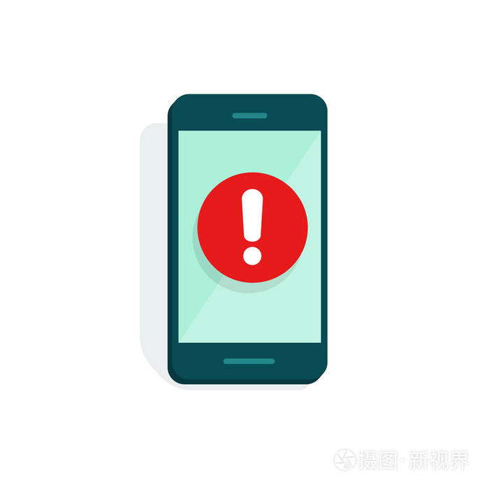 手机报警或警报标志矢量图标平面卡通智能手机显示感叹号危险或风险