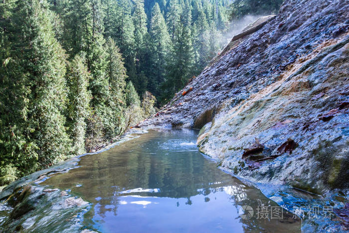 令人放松的热矿物池被森林包围在俄勒冈州的山区，被称为南普夸或托凯蒂温泉