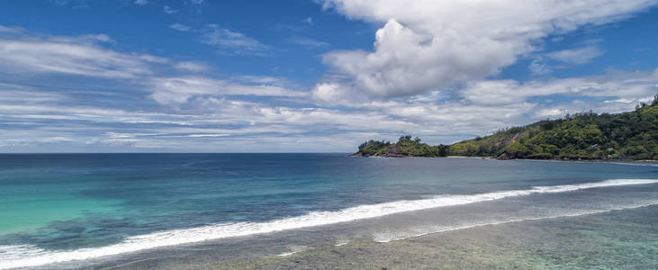 热带海滩，海和棕榈取自无人机。 海滩和海景照片。 浪漫的海滩鸟瞰。