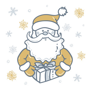 圣诞老人的肖像与礼物，雪花的背景，金色的银色色调。 圣诞设计元素