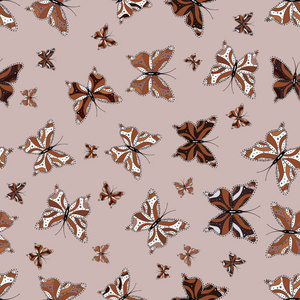 五颜六色的民间矢量与蝴蝶无缝图案。 适用于包装纸织物。 中性棕色和白色背景上的彩色蝴蝶。