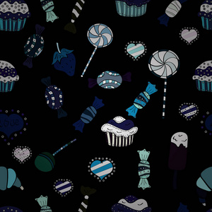 卡通图形拼接矢量无缝图案与糖果白色,黑色和蓝色.