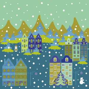 蓝色中性和黄色的圣诞插图。 新年快乐。 带房子的圣诞贺卡。 矢量图。