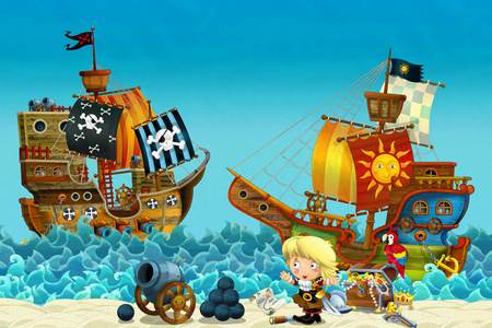 海边或海边的卡通场景-海岸上的海盗船长女人和宝箱-海盗船-儿童插图